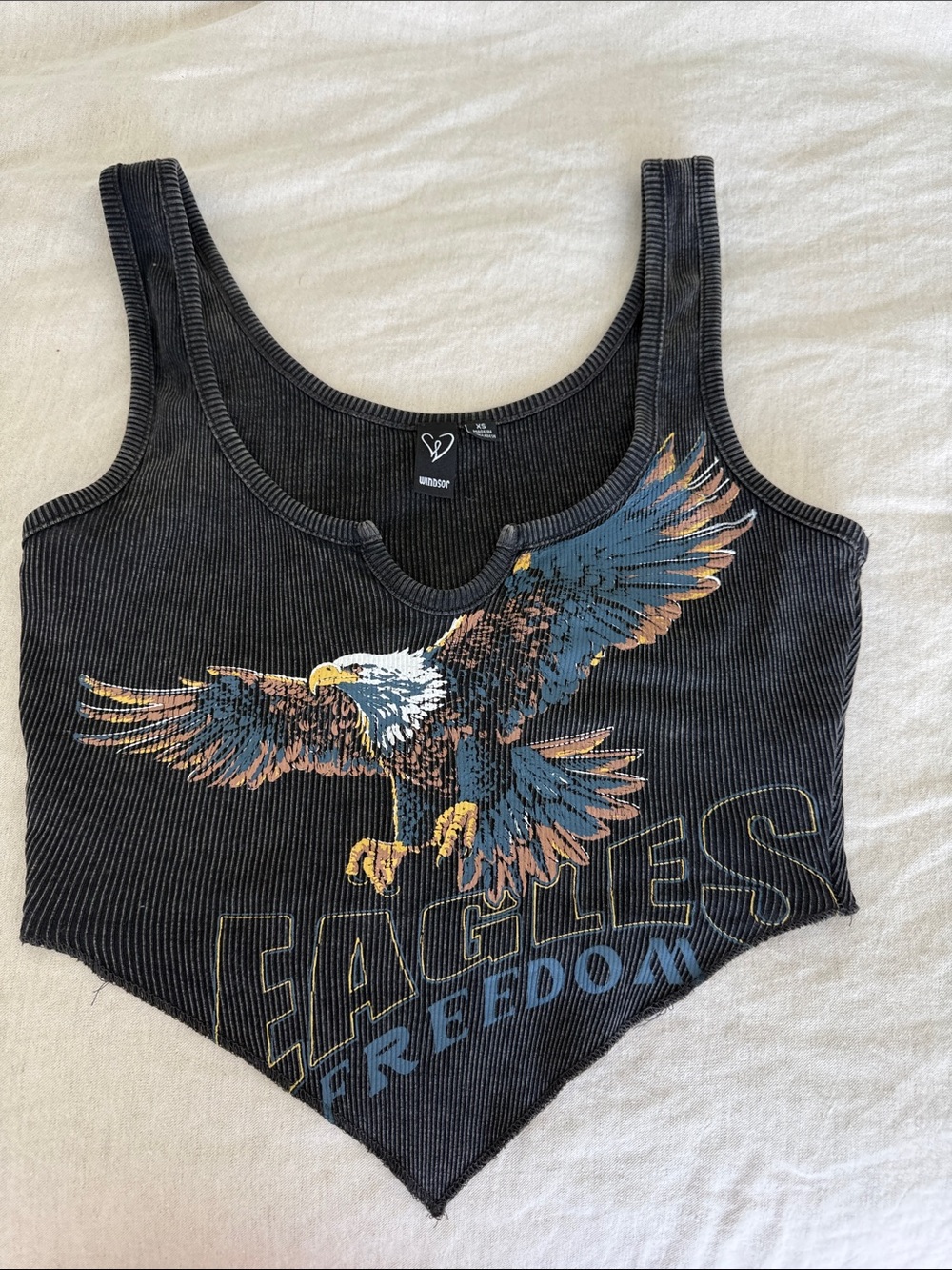 Love Tree Black Ribbed Eagle Graphic Pointed-Hem Tank